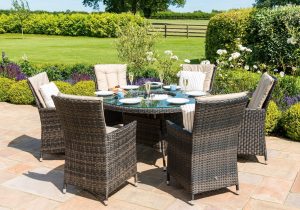 6 Seat Round Garden Dining Set - Inset Ice Bucket - Brolly & Base - Brown Polyweave