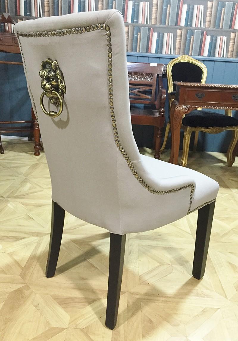 Grey Brass Studded Linen Dining Chair & Antique Brass Lion Knocker