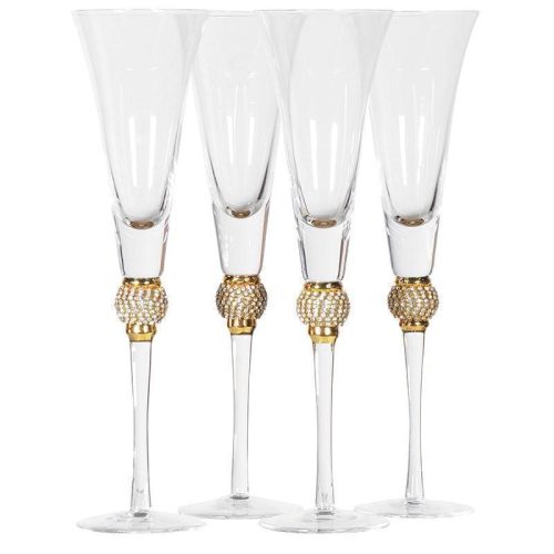 Champagne Flutes - Gold Crystal Ball Design - Set Of 4