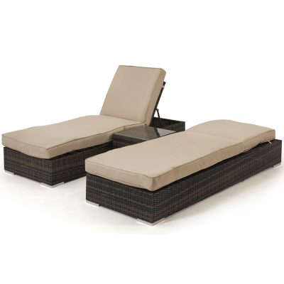 Double Sun Lounger Set – Glass Top Side Table – Brown Polyweave