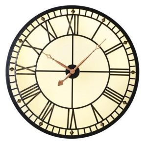 Wall Clock - Round Glass & Iron Back Lit Wall Clock - Roman Numerals