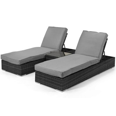 Double Sun Lounger Set – Glass Top Side Table – Grey Poly-weave Rattan