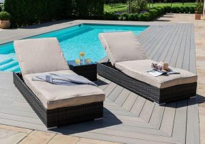 Double Sun Lounger Set - Glass Top Side Table - Brown Polyweave