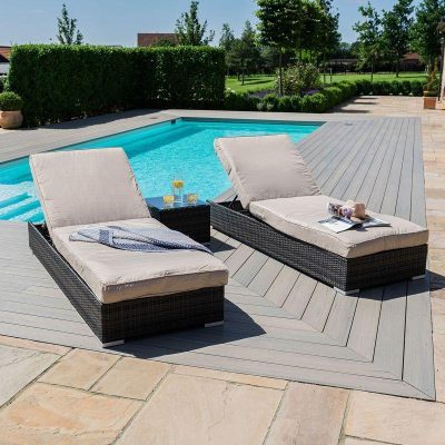 Double Sun Lounger Set - Glass Top Side Table - Brown Polyweave