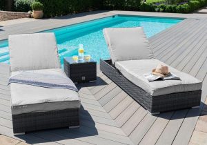 Double Sun Lounger Set - Glass Top Side Table - Grey Poly-weave Rattan