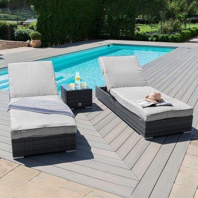 Double Sun Lounger Set - Glass Top Side Table - Grey Poly-weave Rattan