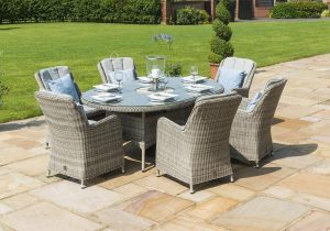 6 Seat Oval Garden Dining Table Set - Inset Ice Bucket - Umbrella - Grey Polyrattan