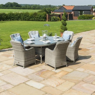 6 Seat Oval Garden Dining Table Set - Inset Ice Bucket - Umbrella - Grey Polyrattan