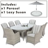 8 Seat Oval Garden Dining Table Set - Inset Ice Bucket - Umbrella - Grey Polyweave Rattan