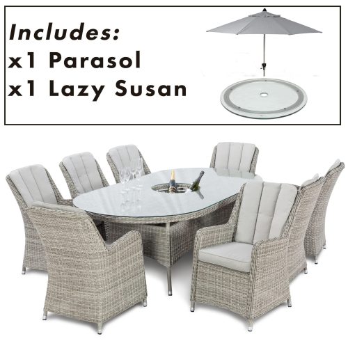 8 Seat Oval Garden Dining Table Set - Inset Ice Bucket - Umbrella - Grey Polyweave Rattan