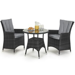 Bistro Set - Round Glass Top Table & 2 Chairs - GREY POLYWEAVE