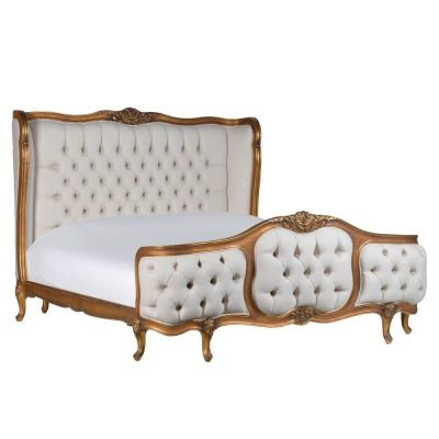 6ft Super King-Size Bed – Silk Upholstered – 2 Bedsides – Mattress – French Gilt Set