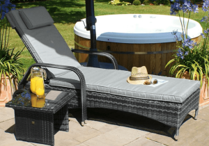 Sun Lounger & Glass Top Table Set - Grey Poly Weave Rattan