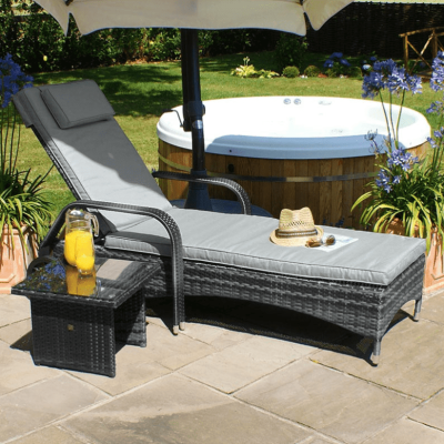 Sun Lounger & Glass Top Table Set - Grey Poly Weave Rattan