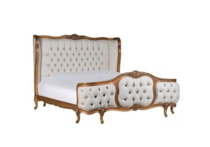6ft Super King-Size Bed - Deep Buttoned Linen Fabric - French Gilt Finish