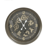 Wall Clock - Round Moving Centre Cog Skeleton - Antique Gold & Brown