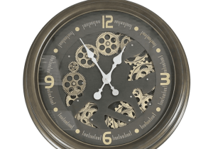 Wall Clock - Round Moving Centre Cog Skeleton - Antique Gold & Brown