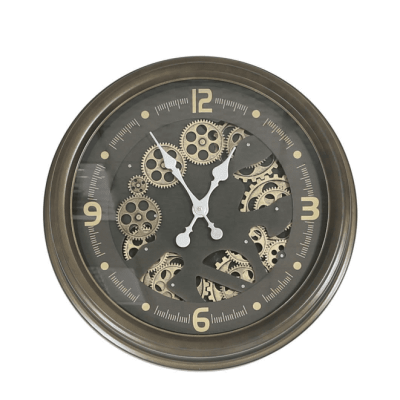 Wall Clock - Round Moving Centre Cog Skeleton - Antique Gold & Brown