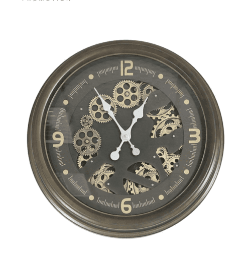 Wall Clock - Round Moving Centre Cog Skeleton - Antique Gold & Brown