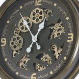 Wall Clock - Round Moving Centre Cog Skeleton - Antique Gold & Brown