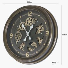 Wall Clock - Round Moving Centre Cog Skeleton - Antique Gold & Brown
