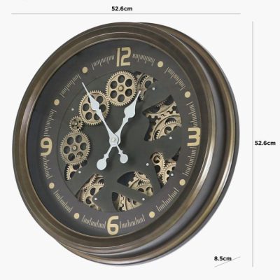 Wall Clock – Round Moving Centre Cog Skeleton – Antique Gold & Brown