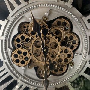 Wall Clock - Moving Gold Center Cogs - Square Designer - Pewter Finish