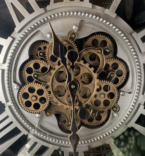 Wall Clock - Moving Gold Center Cogs - Square Designer - Pewter Finish
