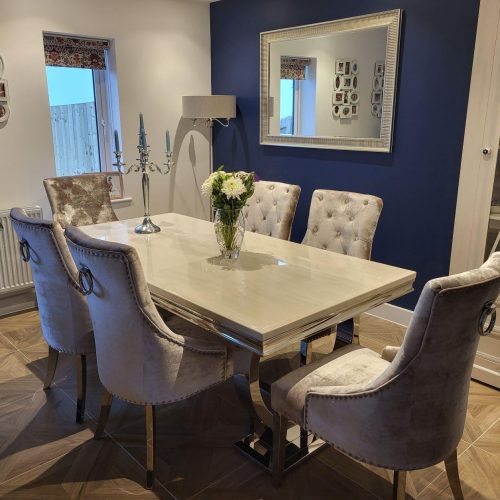200cm Dining Table Set – Chrome & Cream Marble – 6 Champagne Velvet Chairs