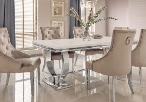 200cm - Marble Dining Table Set - Chrome & Cream Marble - 6 Velvet Chairs