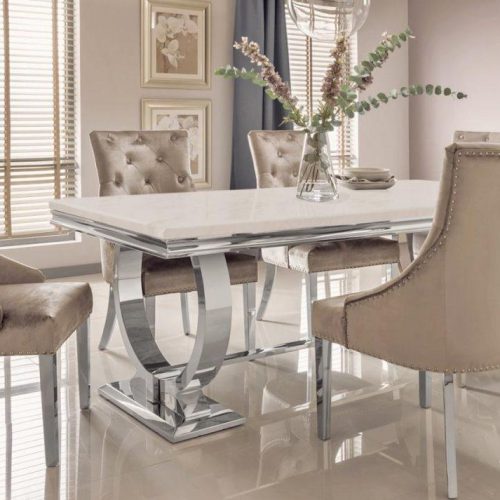 200cm - Marble Dining Table Set - Chrome & Cream Marble - 6 Velvet Chairs