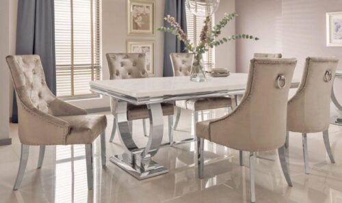 200cm - Marble Dining Table Set - Chrome & Cream Marble - 6 Velvet Chairs
