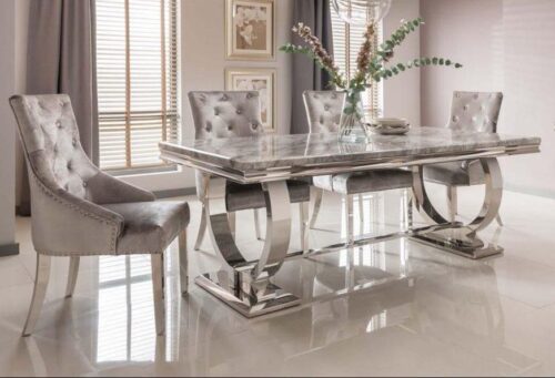 180cm Chrome Dining Table - Chrome & Grey Marble - 4 Chairs