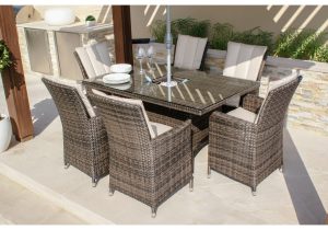 6 Seater Rectangular Dining Set - Ice Bucket - Parasol & Base - Brown Polyweave