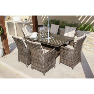 6 Seater Rectangular Dining Set - Ice Bucket - Parasol & Base - Brown Polyweave