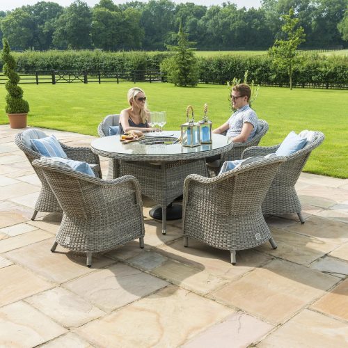 6 Seat Round Garden Table Set - Inset Ice Bucket - Umbrella/Base- Grey Polyrattan