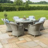 6 Seat Round Garden Table Set - Inset Ice Bucket - Umbrella/Base- Grey Polyrattan