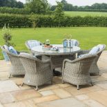 6 Seat Round Garden Table Set - Inset Ice Bucket - Umbrella/Base- Grey Polyrattan