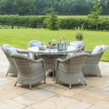 6 Seat Round Garden Table Set - Inset Ice Bucket - Umbrella/Base- Grey Polyrattan