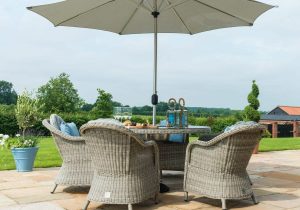 6 Seat Round Garden Table Set - Inset Ice Bucket - Umbrella/Base- Grey Polyrattan