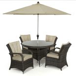 4 Seater Round Garden Dining Set - Matching Brolly & Base - Brown Poly-Weave