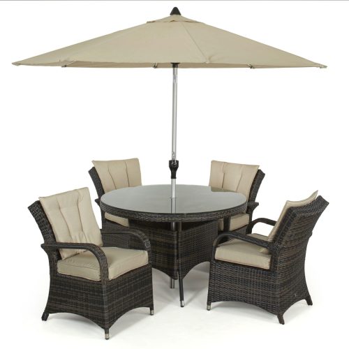 4 Seater Round Garden Dining Set - Matching Brolly & Base - Brown Poly-Weave