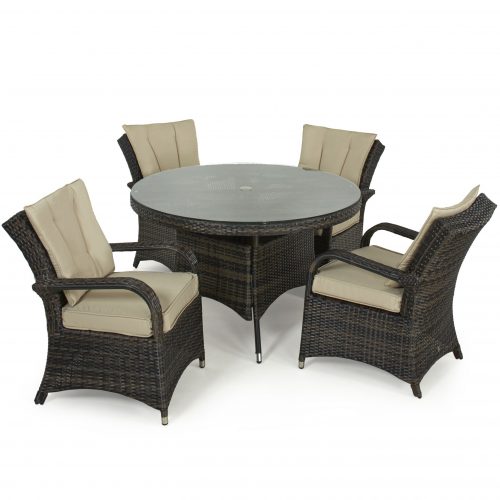 4 Seater Round Garden Dining Set - Umbrella & Base - Brown Poly-Weave