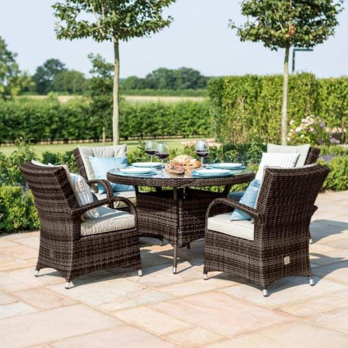 4 Seater Round Garden Dining Set - Umbrella & Base - Brown Poly-Weave