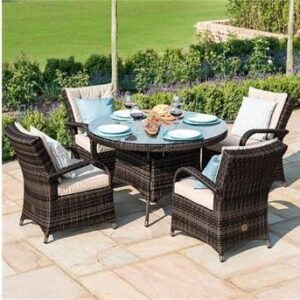 4 Seater Round Garden Dining Set - Brolly & Base - Brown Poly-Weave