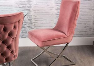Dining Chair - Pink Velvet - Deep Buttoned High Back - Chrome Legs