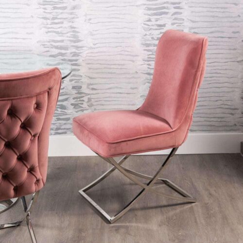 Dining Chair - Pink Velvet - Deep Buttoned High Back - Chrome Legs