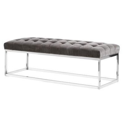 Bench - Deep Buttoned - Chrome Surround - Mouse Grey Velvet Fabric