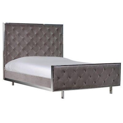 Bench – Deep Buttoned – Chrome Surround –  Mouse Grey Velvet Fabric