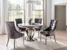 130cm Round Dining Table Set - Chrome Base & Marble - 4 Velvet Chairs